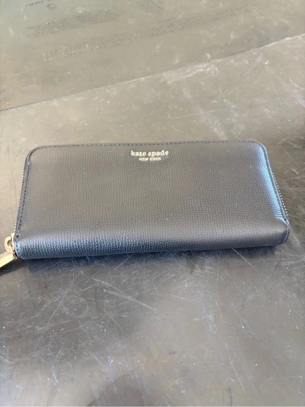 kate spade Black Pebbled Leather Zip Wallet with Gold Logo